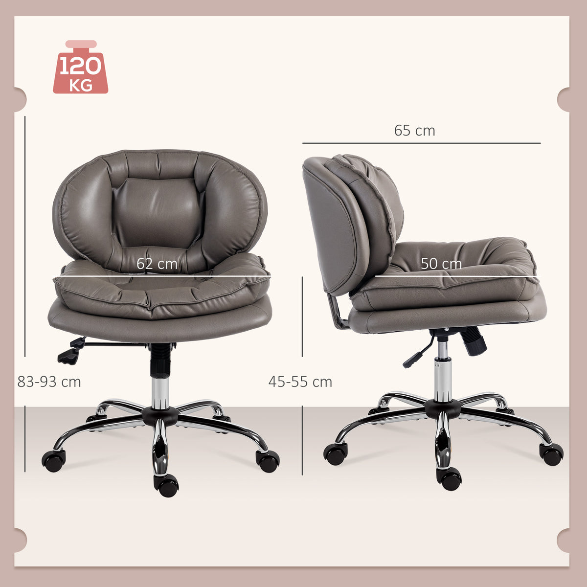 Cadeira de Escritório com Rodas Cadeira para Secretária com Função Inclinável Assento Amplo Sem Braços Duplo Acolchoamento Altura Ajustável 60x65x83-93 cm Cinza Escuro — foto 3