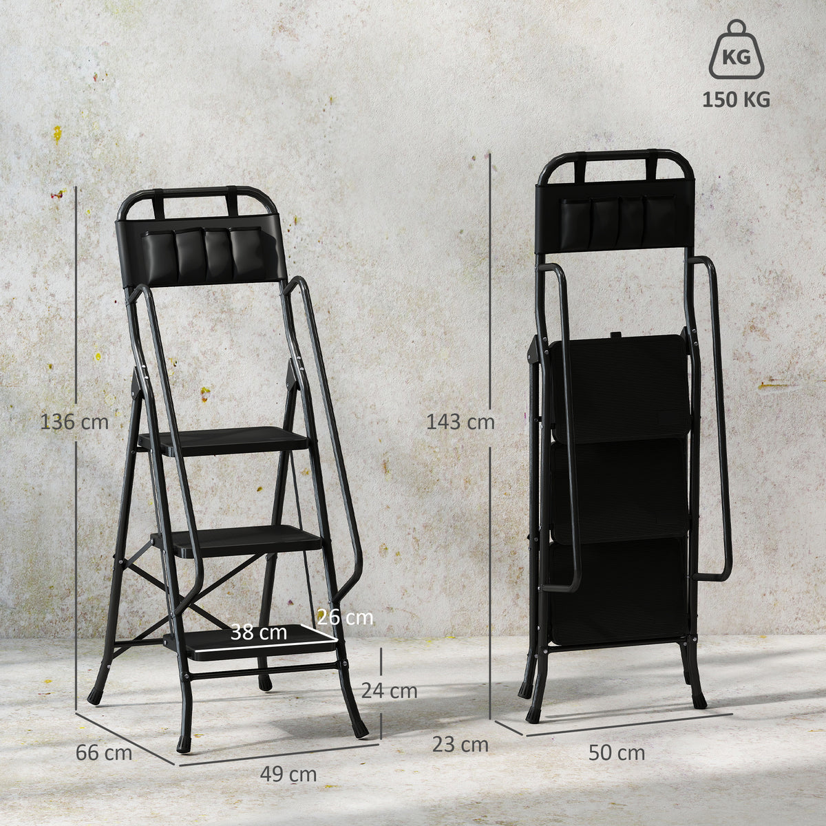 Escada Dobrável com 3 Degraus Escada de Metal com Apoio para os Braços e Suporte para Ferramentas Carga Máxima 150 kg 49x66x136 cm Preto — foto 3