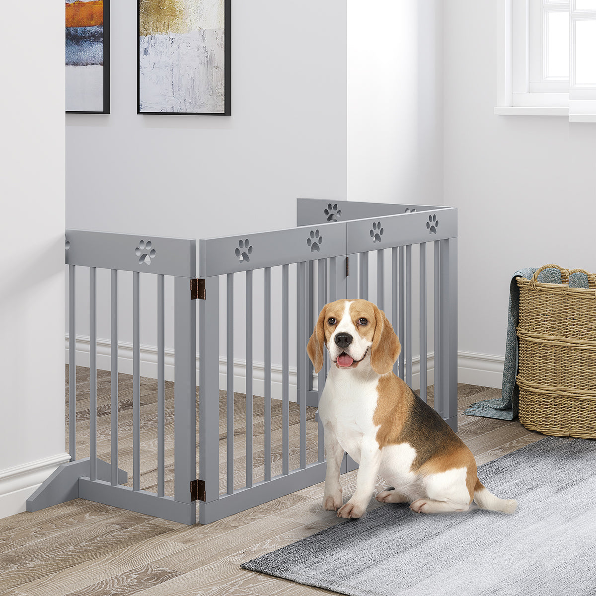 Barreira de Segurança Dobrável para Cães Grade de Proteção de 4 Painéis com Pés para Portas Escadas Corredor 204x30x61 cm Cinza — foto 2
