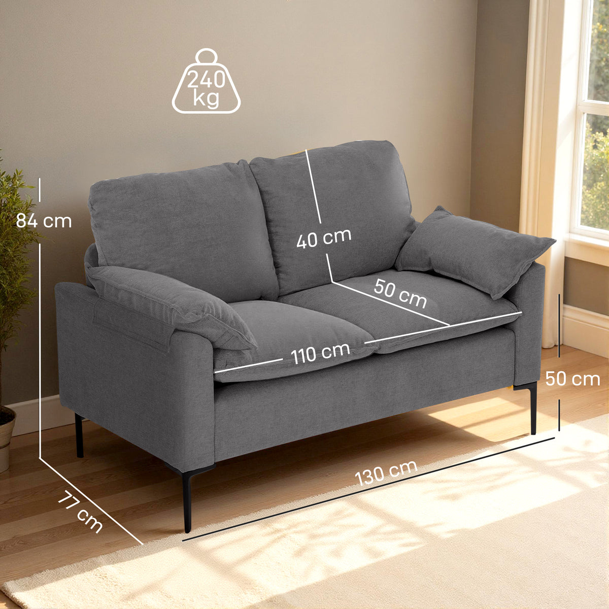 Sofá de 2 Lugares Revestido em Veludo Sofá Moderno com Pés de Metal Apoios de Braços Acolchoados para Sala Quarto Escritório 130x77x84 cm Cinza — foto 3