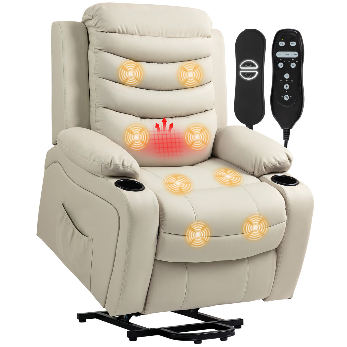 Poltrona Relax Reclinável Elétrica Elevatória com Massagem Vibratória e Aquecimento Poltrona Elevatória com Porta USB Controlo Remoto Apoio para Pés Estofada em PU Bolsos Laterais Creme — foto 1