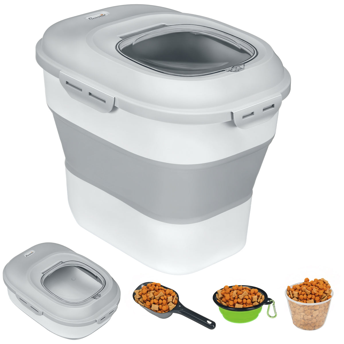 Recipiente de alimentação dobrável de 25l, recipiente de comida para cães com rodas, copo de medição, tigela dobrável e colher, recipiente de comida para animais de estimação, gatos, cinza — foto 1