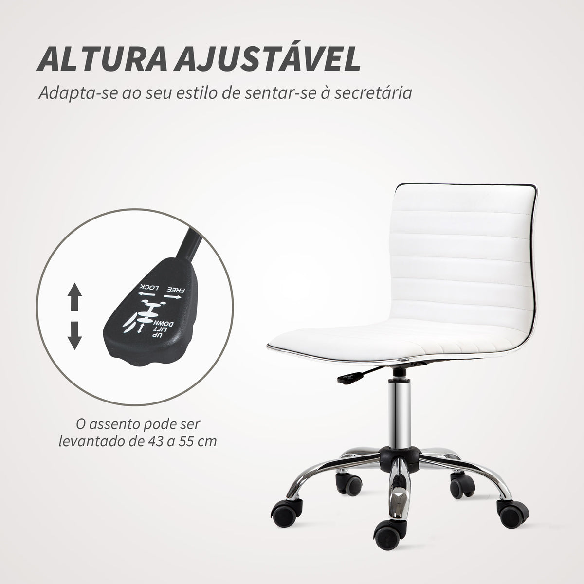 Cadeira de Escritório sem Apoio para os Braços Cadeira de Escritório Giratória com Altura Ajustável Cadeira para Estudo Estofada em PU Carga 120 kg 48x52x78-90 cm Branco — foto 4