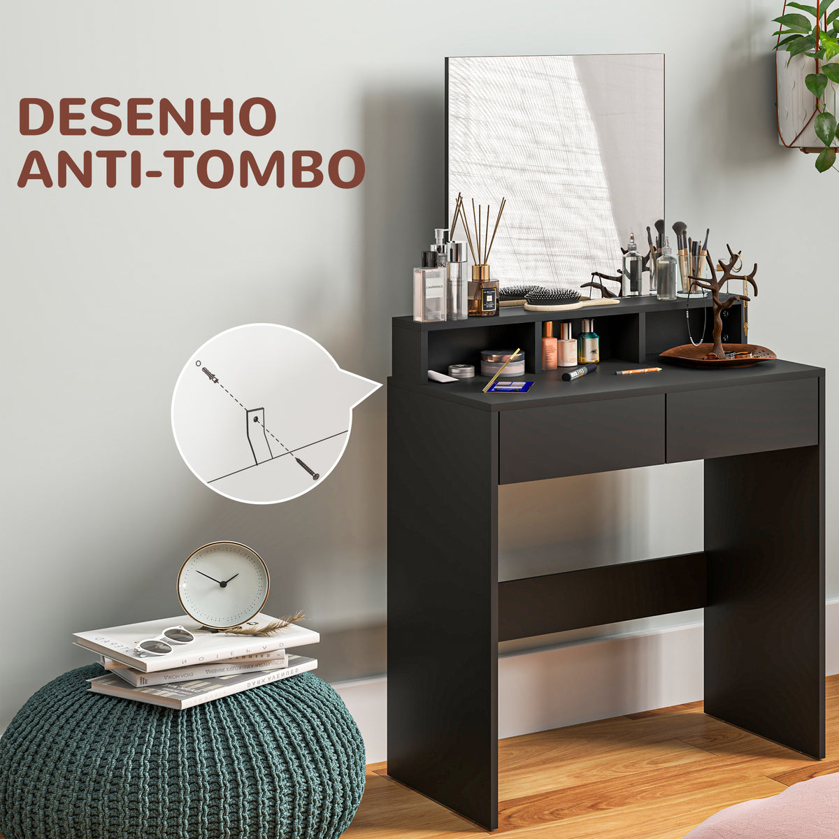 Toucador de Maquilhagem com Espelho Toucador com 2 Gavetas 3 Compartimentos Toucador para Dormitório 75x38x135 cm Preto — foto 5