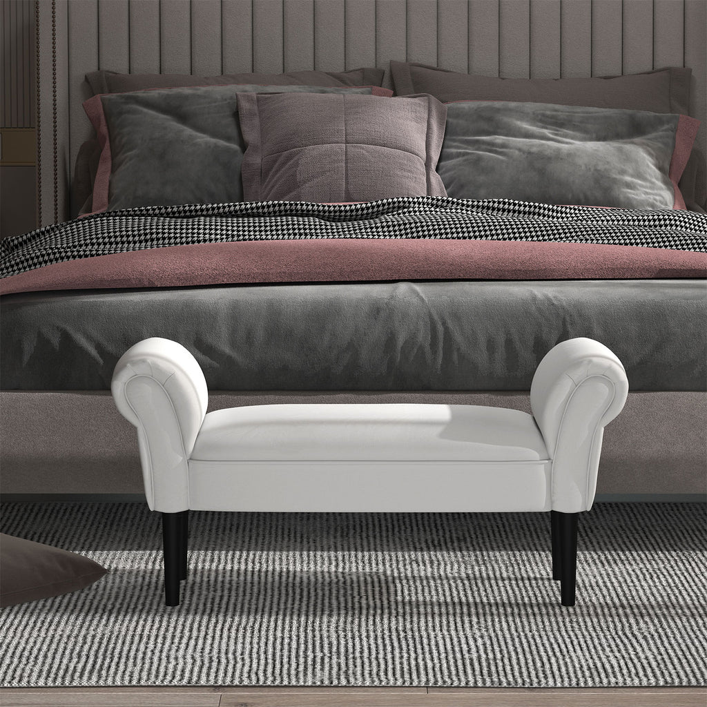 Banco de Pé de Cama Banco com Braços Curvados Estofado e Pés de Madeira para Dormitório Entrada Sala de Estar Carga Máxima 130kg 102x31x51cm Branco — foto 2