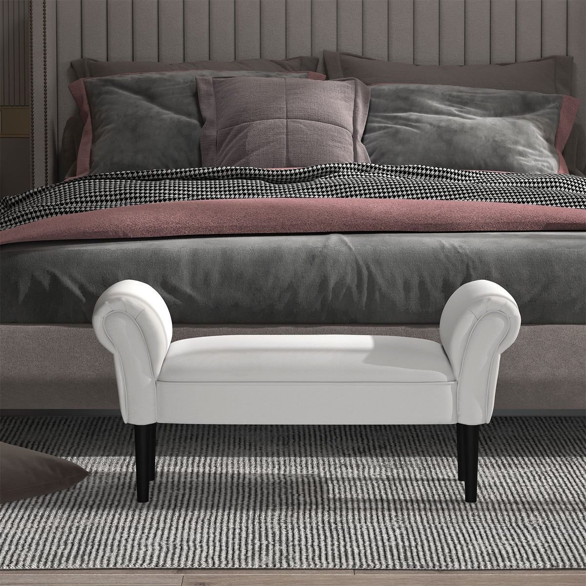 Banco de Pé de Cama Banco com Braços Curvados Estofado e Pés de Madeira para Dormitório Entrada Sala de Estar Carga Máxima 130kg 102x31x51cm Branco — foto 2