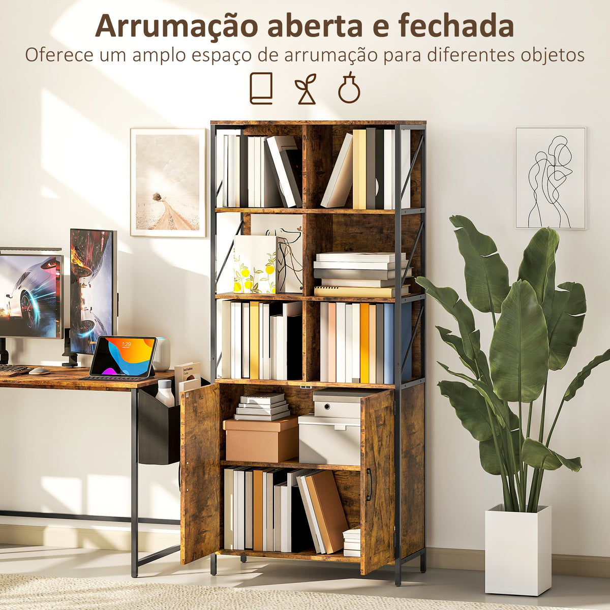 Estante de 6 Níveis Estante de Livros com 6 Compartimentos Abertos 2 Portas e Prateleira Ajustável Estilo Industrial para Sala Escritório Quarto 75x34x172 cm Castanho Rústico — foto 4
