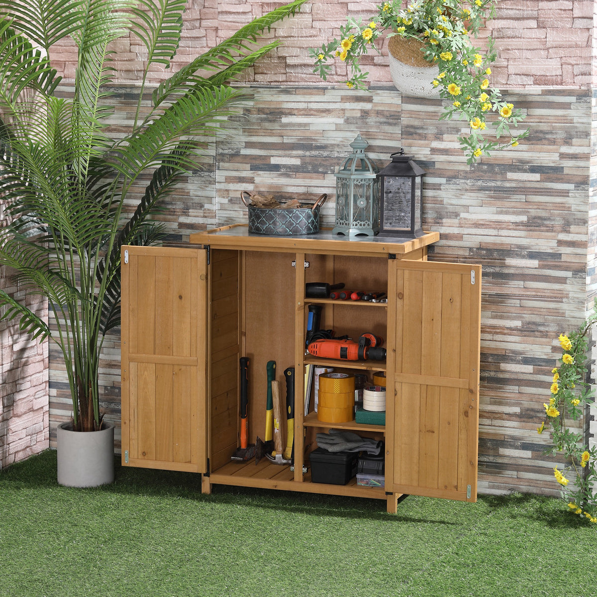 Abrigo de Jardim em Madeira, 75x40x90 cm, Cobertura Exterior para Armazenamento de Ferramentas, com 4 Prateleiras, 2 Portas e Telhado de Aço Galvanizado, Cor Natural — foto 2