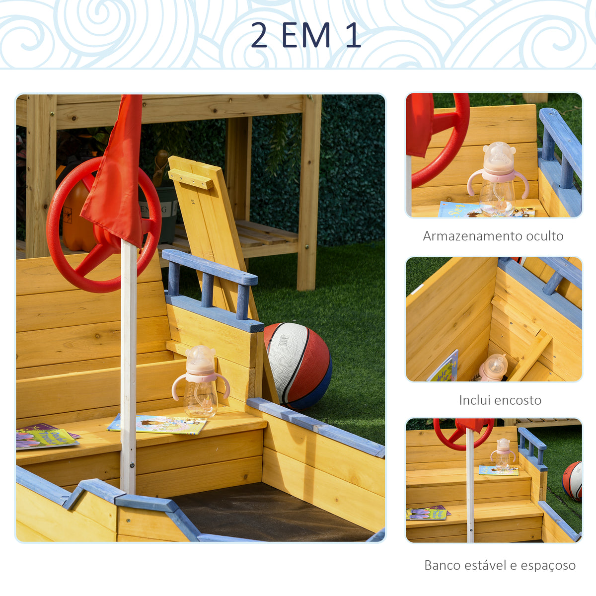 Caixa de Areia Infantil de Madeira Desenho de Galeão com Assento 2 Degraus Bandeira Vermelha e Leme Caixa de Areia de Jardim para Crianças acima de 3 Anos 158x78x45,5cm Natural — foto 5