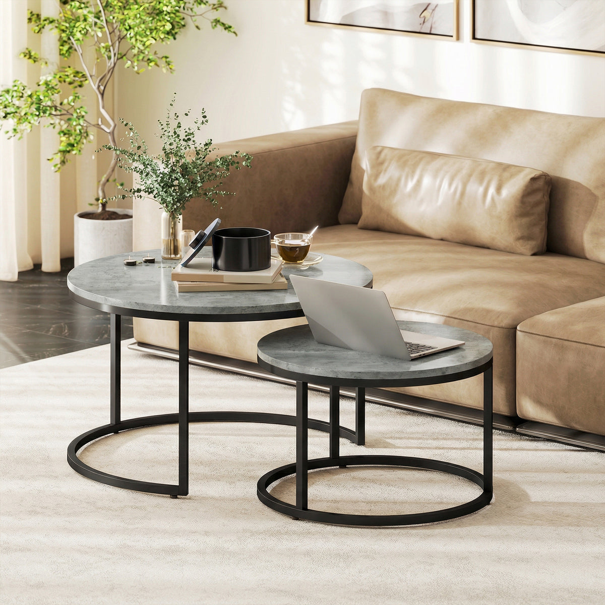 Conjunto Moderno de 2 Mesas de Café Mesas Laterais Empilháveis com Estrutura Metálica para Sala de Estar Quarto Escritório Cinza — imagem 3