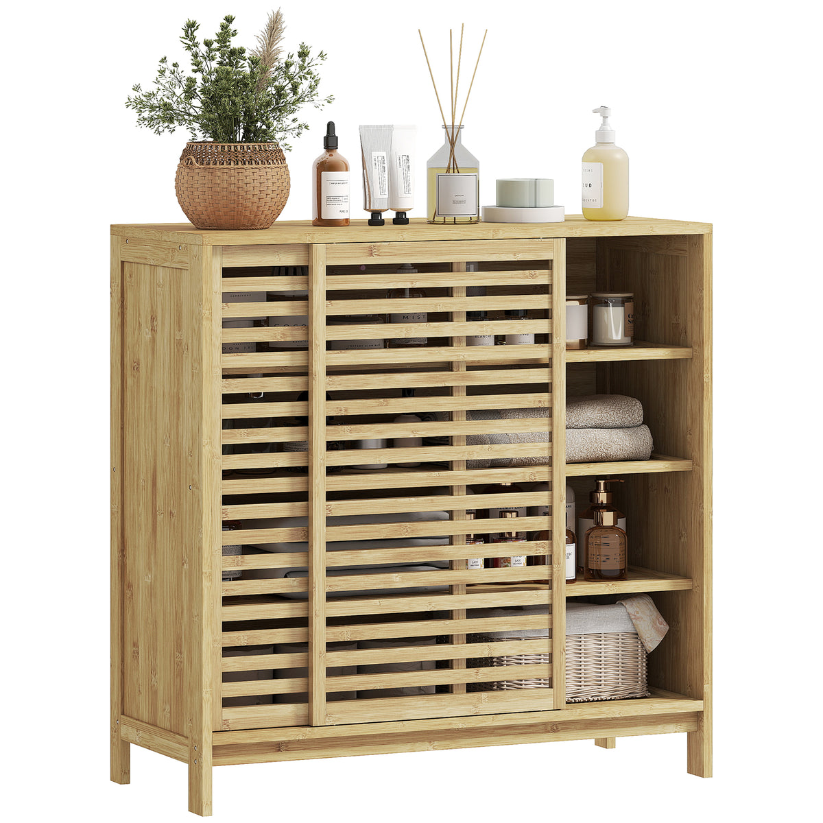 Armário de Casa de Banho em Bambu Móvel de Casa de Banho com 2 Portas de Correr Desenho com Ripas 4 Prateleiras Móvel Auxiliar de Arrumação para Cozinha Sala de Estar 80x34x80 cm Madeira — foto 1