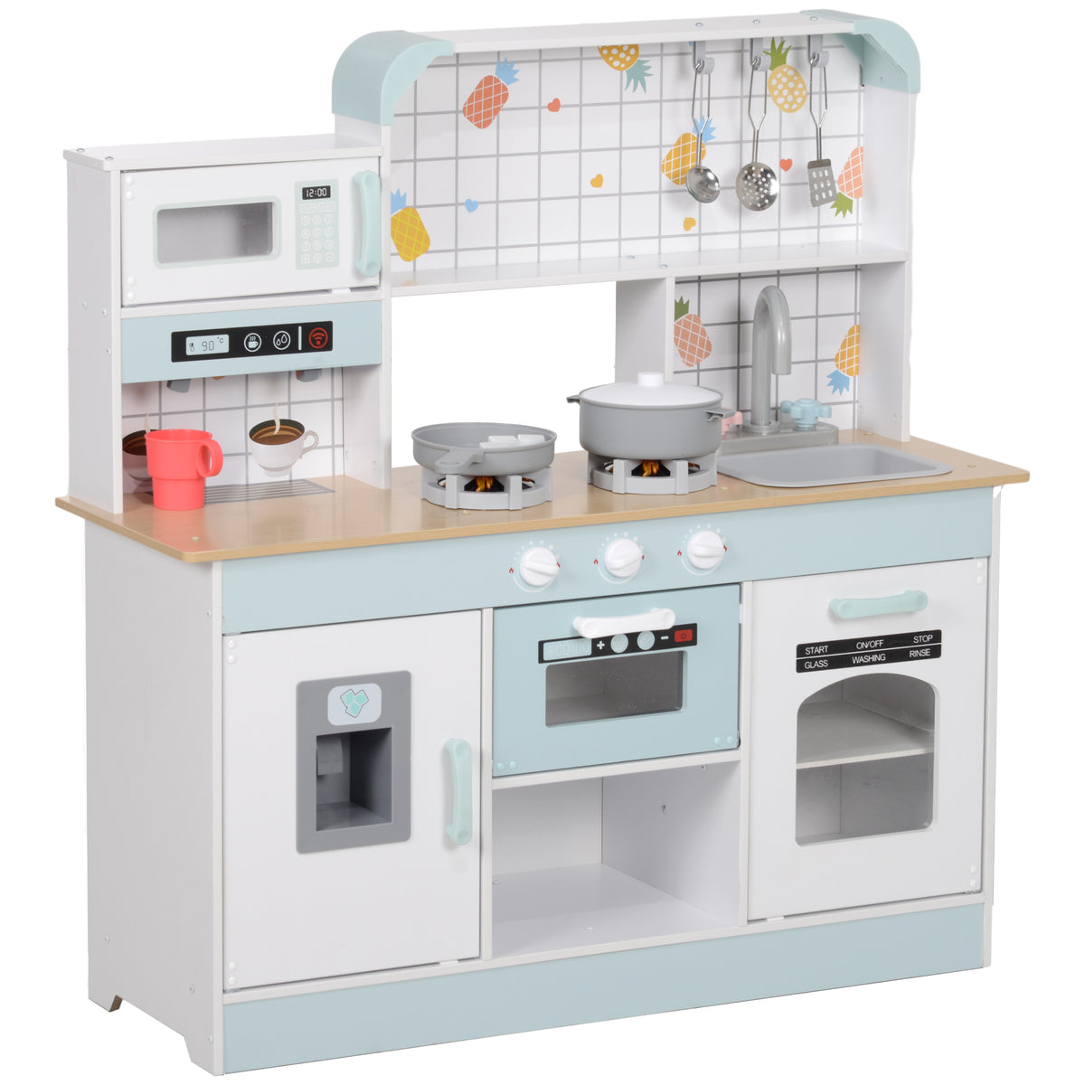Cozinha de Madeira para Crianças acima de 3 Anos Cozinha de Brincar Infantil com Sons Fogão Lavatório Micro-Ondas Máquina de Café Máquina de Gelo e Acessórios 88,6x31,7x90,4 cm Branco — foto 1