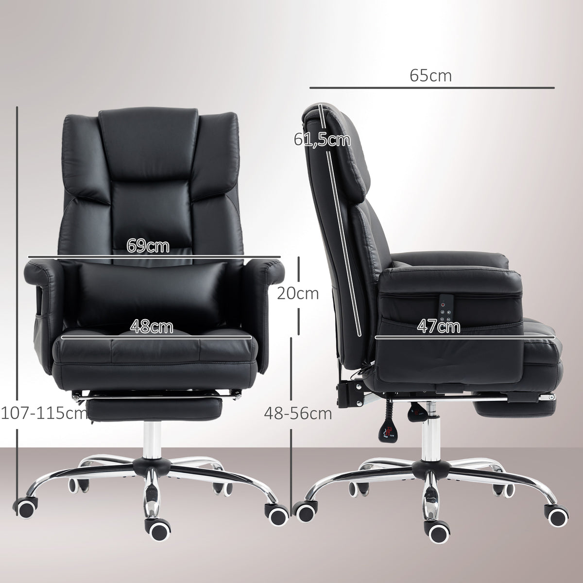 Cadeira de Massagem com 6 Pontos de Massagem Cadeira de Escritório com Apoio para os Pés Retrátil Altura Ajustável Controlo Remoto e Suporte Lombar Estofado em PU 69x65x107-115 cm Preto — foto 3