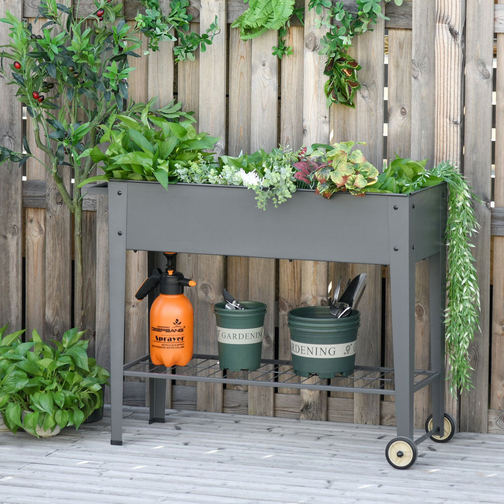 Floreira de Metal Elevada Floreira com Rodas Alça Lateral e Prateleira Inferior para Cultivo de Plantas Hortaliças Flores 104x39x80cm Cinza — foto 2