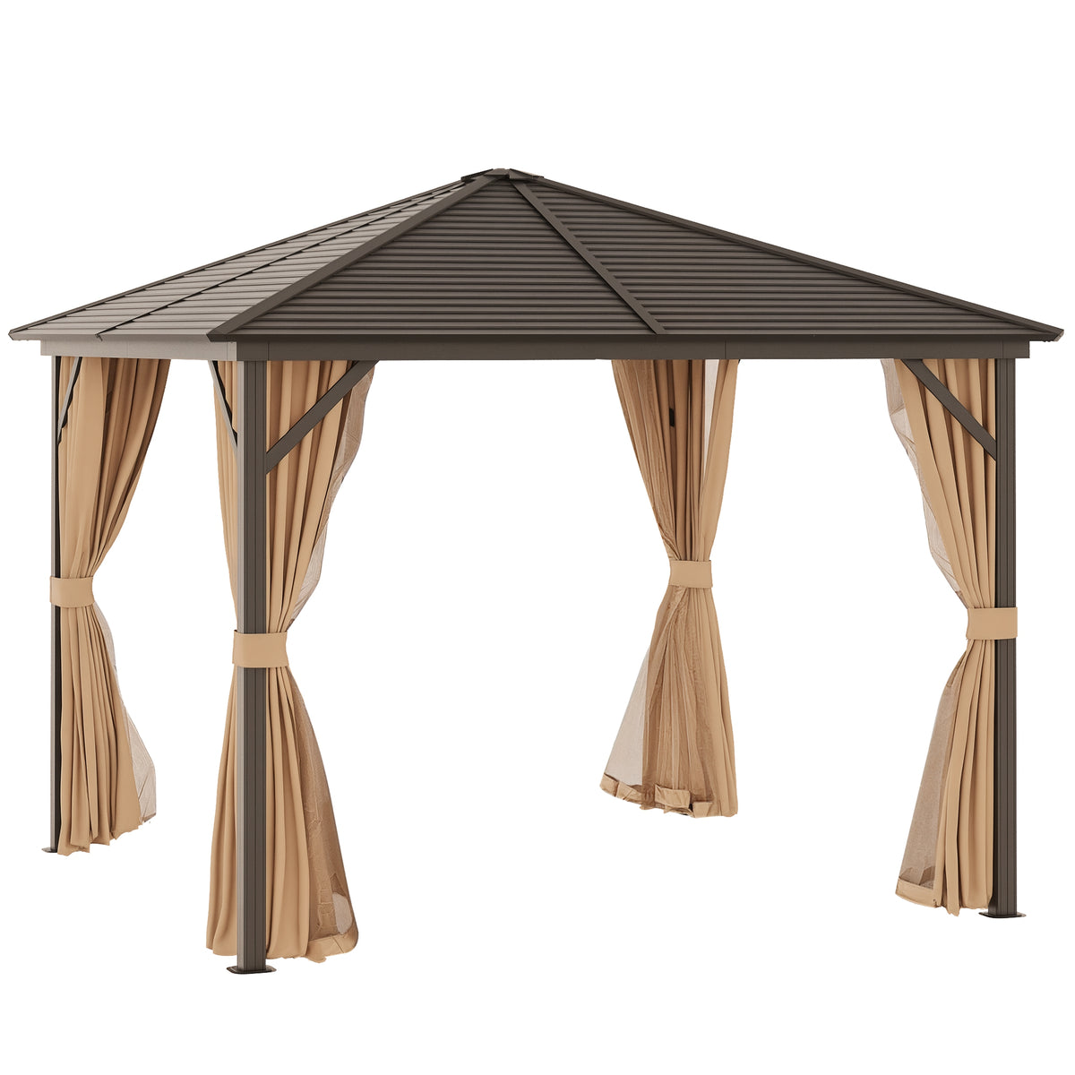 Pérgola de Jardim 3x3 com 4 Cortinas Laterais 4 Telas Mosquiteiras e Gancho para Candeeiro Pérgola de Alumínio para Exterior Pátio Festas Marrom — foto 1
