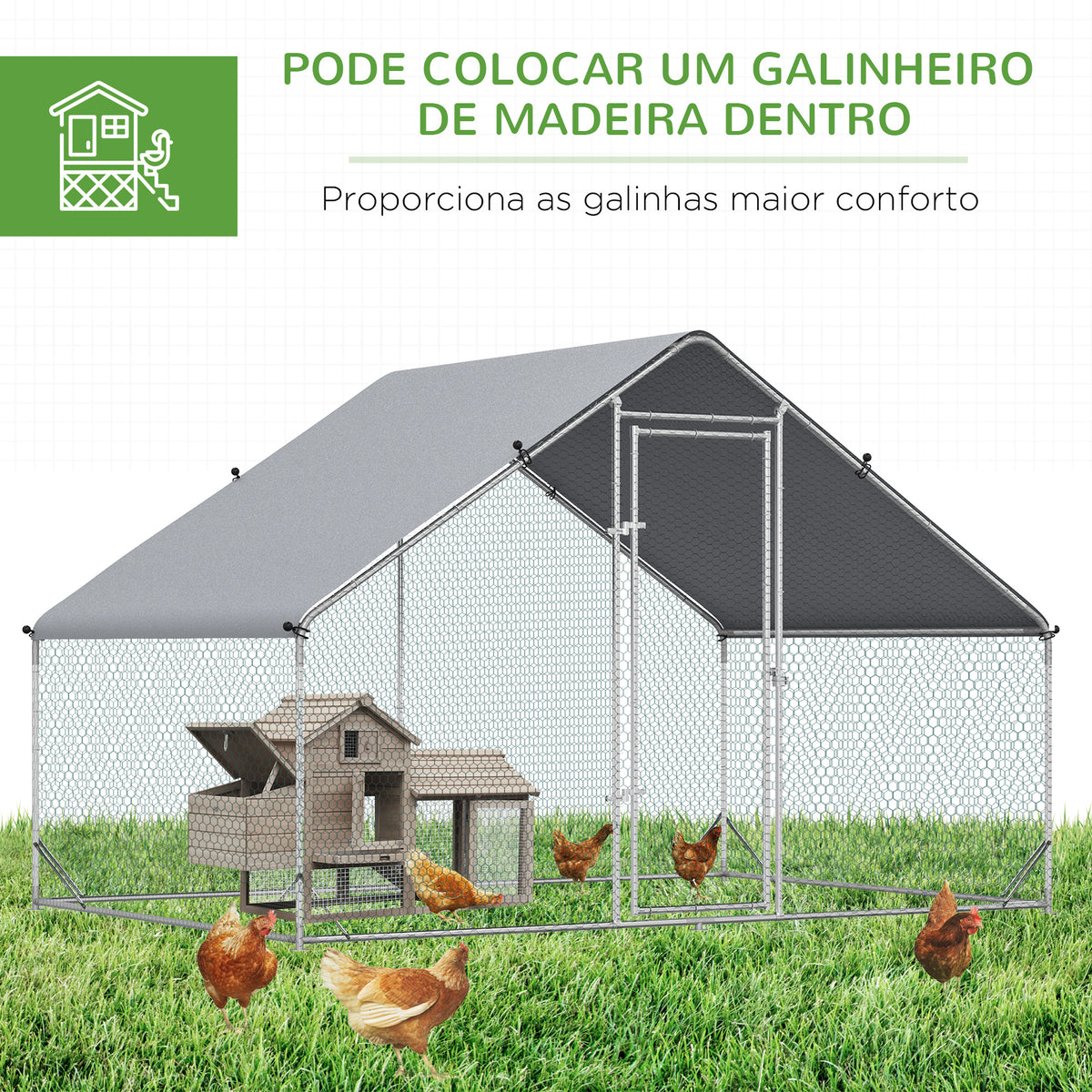 Galinheiro de Exterior Grande 3x2x2m Gaiola para 4-6 Galinhas de Aço Galvanizado com Teto de PE e Fechadura para Coelhos Prata — foto 5