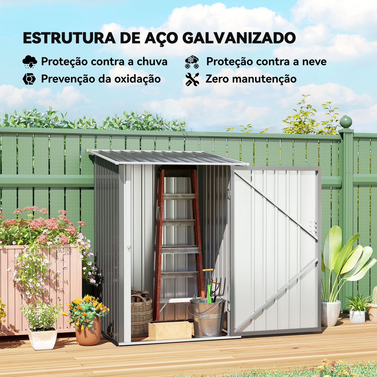 Abrigo de Jardim 0,92 m² 100x103x160 cm Abrigo Exterior de Aço Galvanizado com Porta Fechadura e Teto Inclinado para Armazenamento de Ferramentas Cinza — foto 4