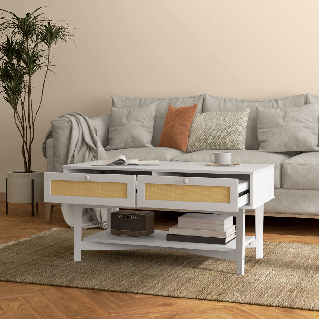 Mesa de Centro com 2 Gavetas Decorativas de Vime e Prateleira de Armazenamento Inferior para Sala de Estar Escritório Carga 50 kg 100x50x50 cm Branco — foto 8