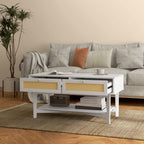 Mesa de Centro com 2 Gavetas Decorativas de Vime e Prateleira de Armazenamento Inferior para Sala de Estar Escritório Carga 50 kg 100x50x50 cm Branco — foto 8