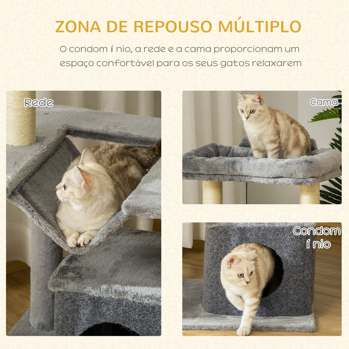 Arranhador para Gatos Altura 90 cm Torre para Gatos de 3 Níveis com Caverna Rede Plataforma Bolas Suspensas e Poste de Sisal 48x48x90 cm Cinza — foto 5