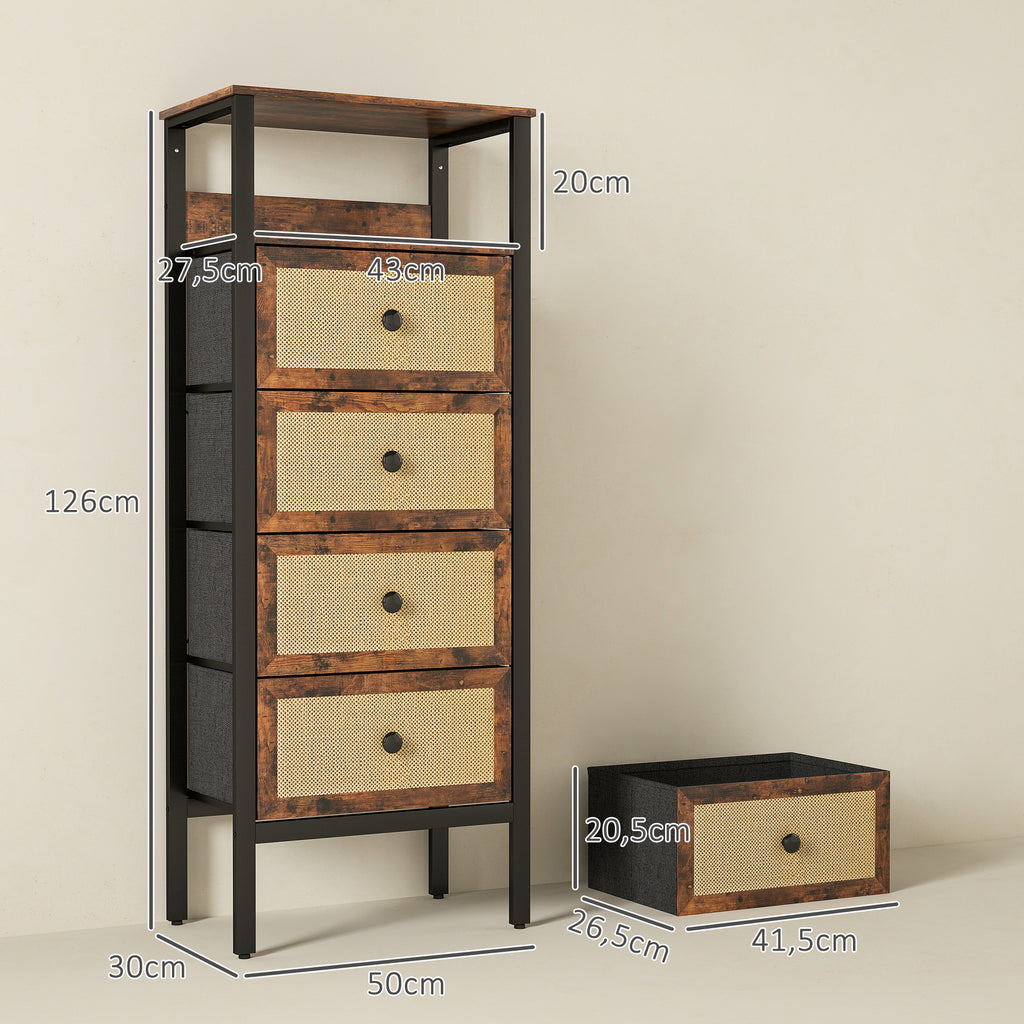 Cómoda de Tecido Cómoda para Dormitório com 4 Gavetas com Frente em Vime Prateleira e Estrutura em Aço para Sala de Estar 50x30x126 cm Marrom Rústico — foto 3