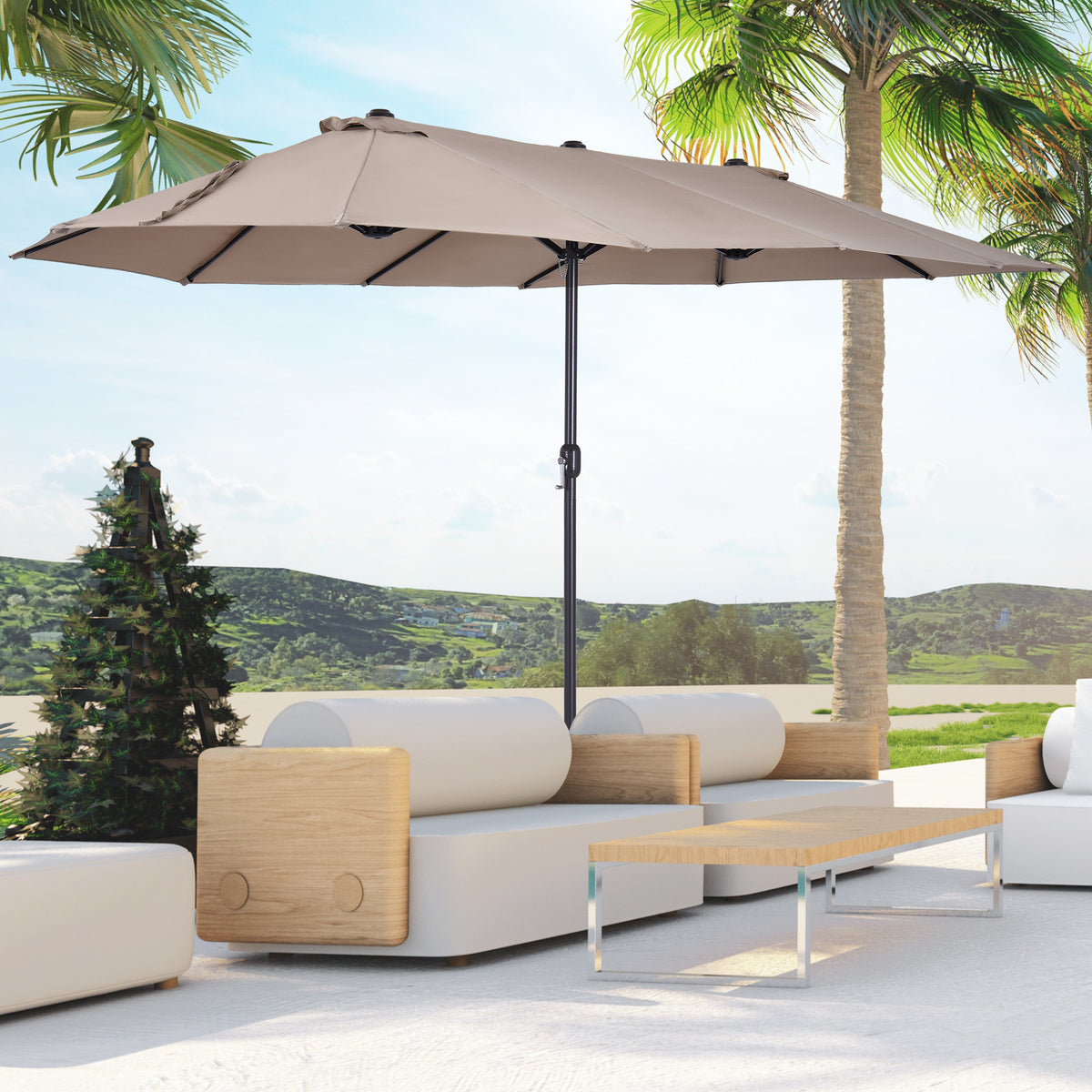 Chapéu de Sol Duplo 4,55x2,65x2,38 m Chapéu de Sol de Jardim com Manivela Manual Resistente à Água e com Proteção Solar UV para Terraço Pátio Café — foto 2