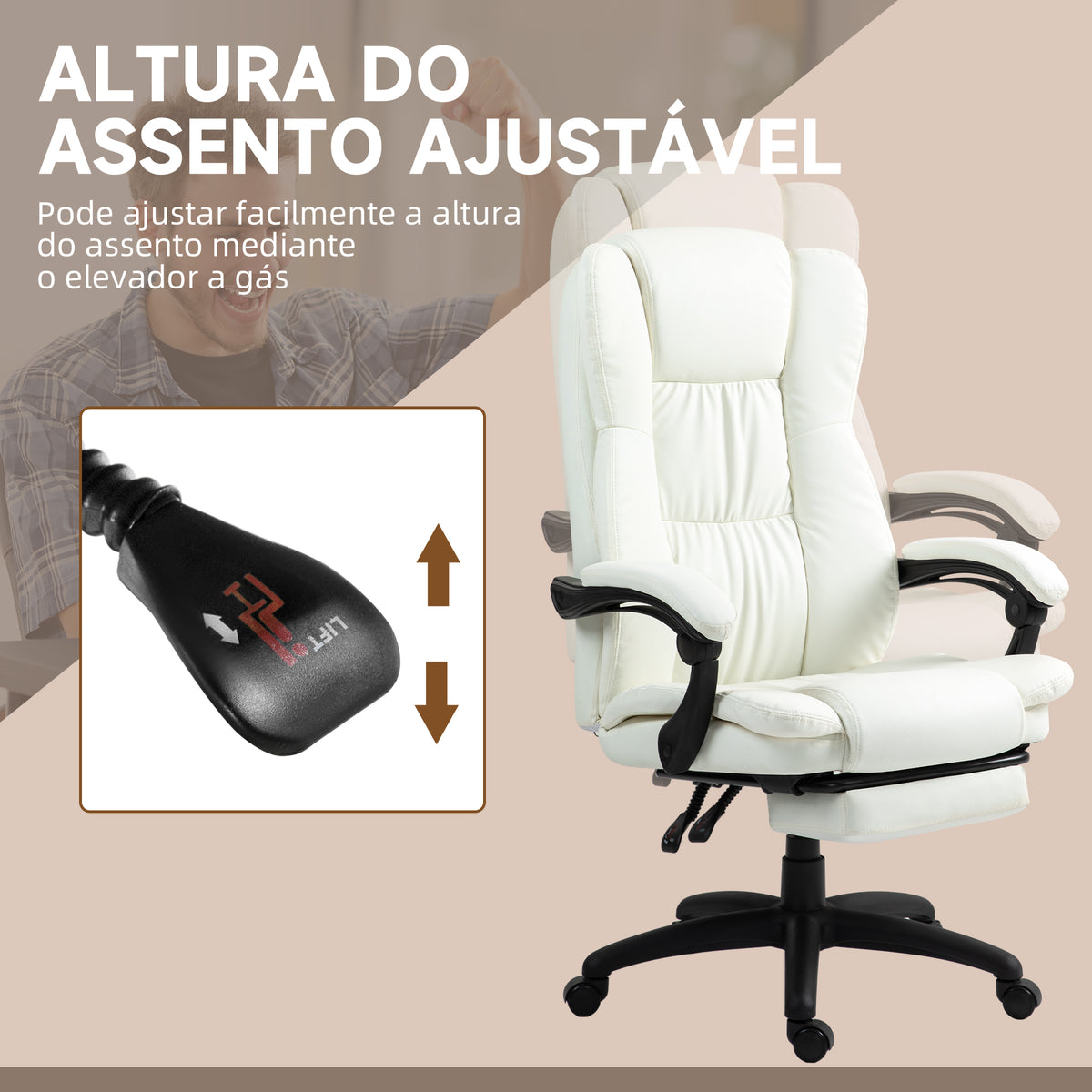 Cadeira de Escritório Giratória Cadeira de Escritório com Altura Ajustável 6 Pontos de Massagem Controle Remoto e Apoio para os Pés Retrátil 68,5x68,5x113-121cm Creme — foto 5