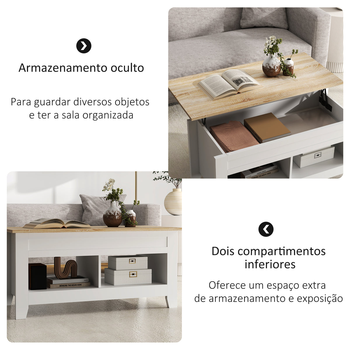 Mesa de Centro com Bancada Elevável Mesa de Centro com 2 Compartimentos Abertos Bancada de Madeira Mesa Retangular para Sala de Estar 105x50x49 cm Branco e Madeira — foto 5
