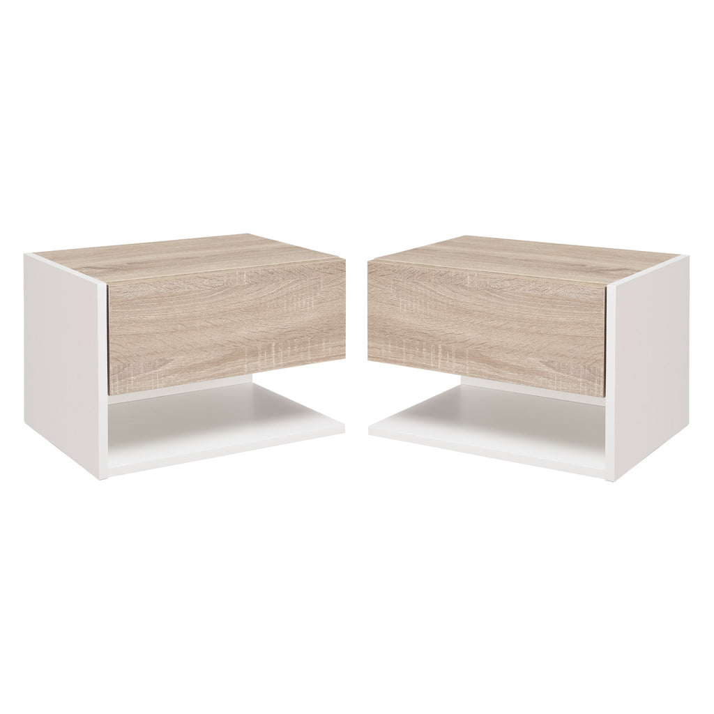 Conjunto de 2 Mesas de Cabeceira Flutuantes Mesas de Cabeceira Suspensas com 1 Gaveta e Prateleira Aberta para Dormitório 46x30x30 cm Carvalho e Branco — foto 1