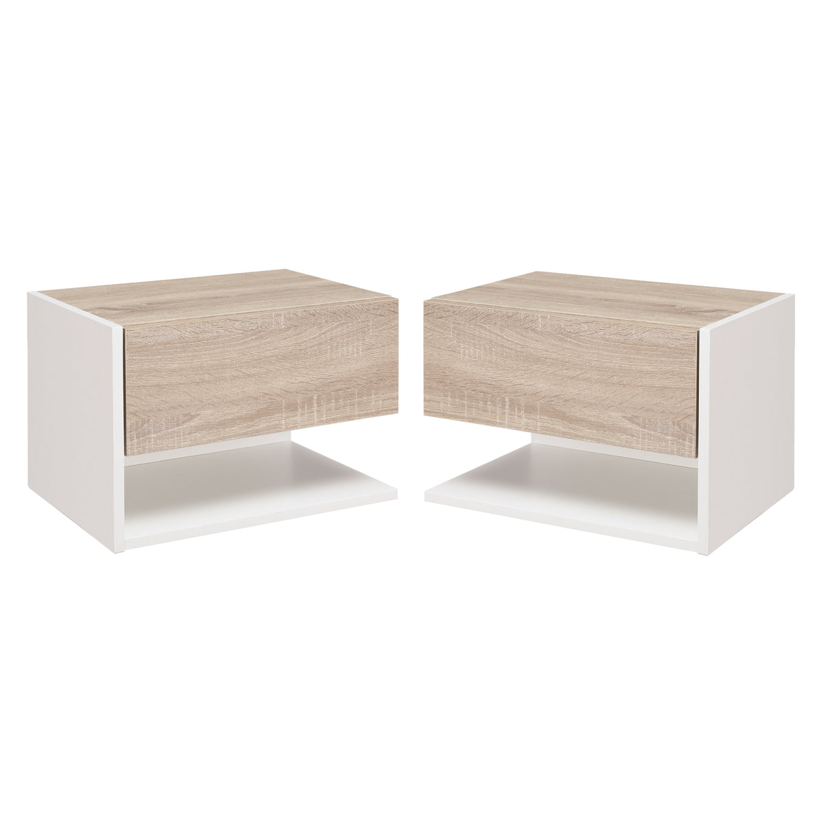 Conjunto de 2 Mesas de Cabeceira Flutuantes Mesas de Cabeceira Suspensas com 1 Gaveta e Prateleira Aberta para Dormitório 46x30x30 cm Carvalho e Branco — foto 1