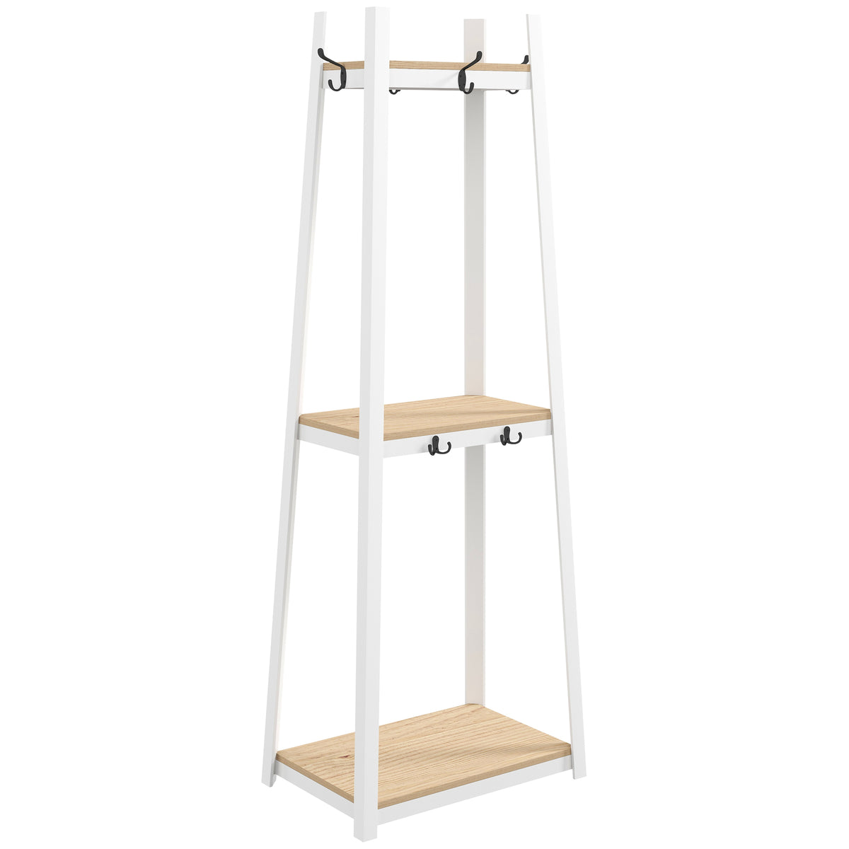 Suporte para Cabides de 3 Níveis Suporte para Cabides com 6 Ganchos e Prateleiras de Armazenamento para Entrada Corredor Quarto Sala 61x41x165 cm Natural — foto 1