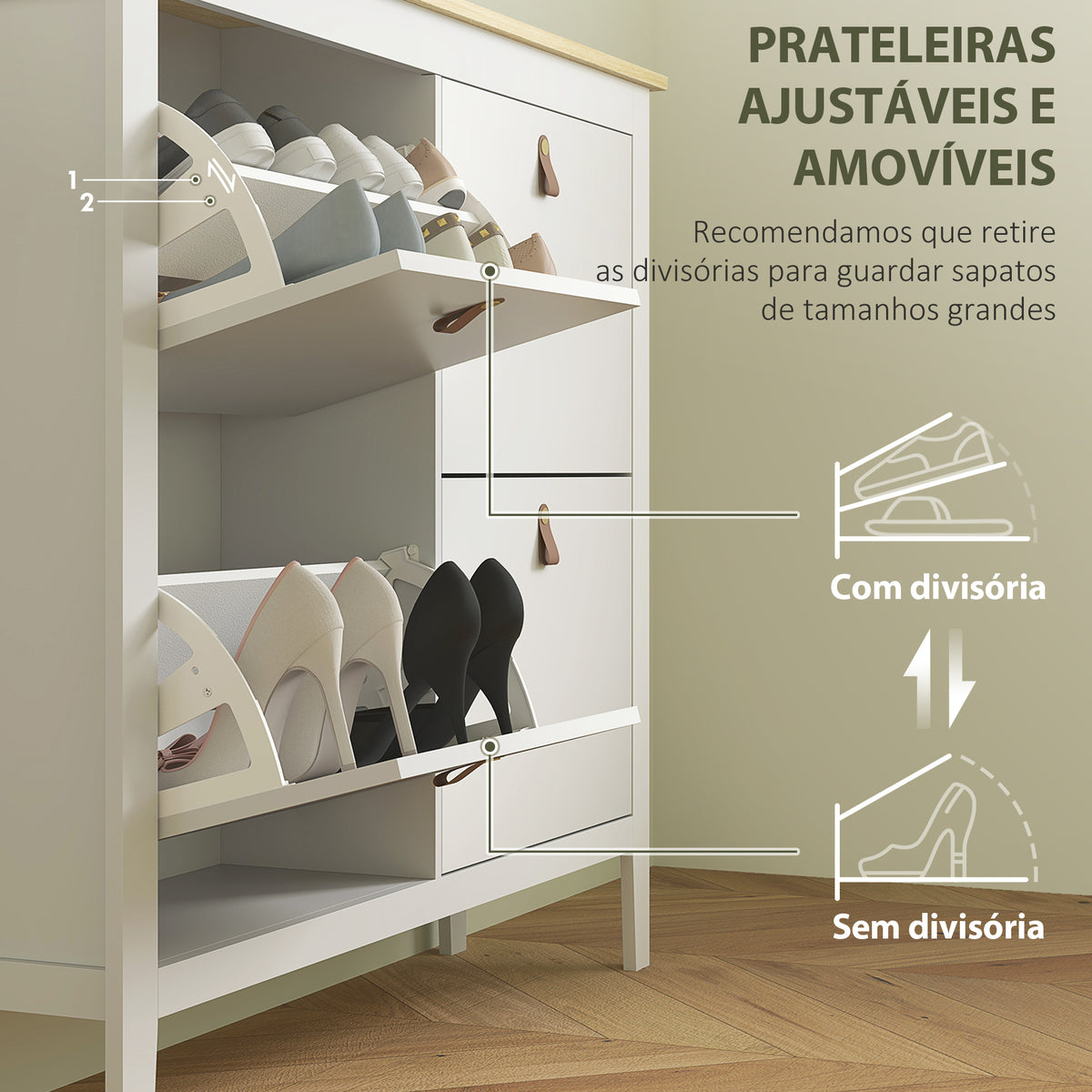 Sapateira Estreita Móvel Sapateira para Entrada com 4 Gavetas Abatíveis Prateleiras Ajustáveis e Puxadores em PU para 20 Pares de Sapatos para Corredor 105x24x95,5 cm Branco — foto 5