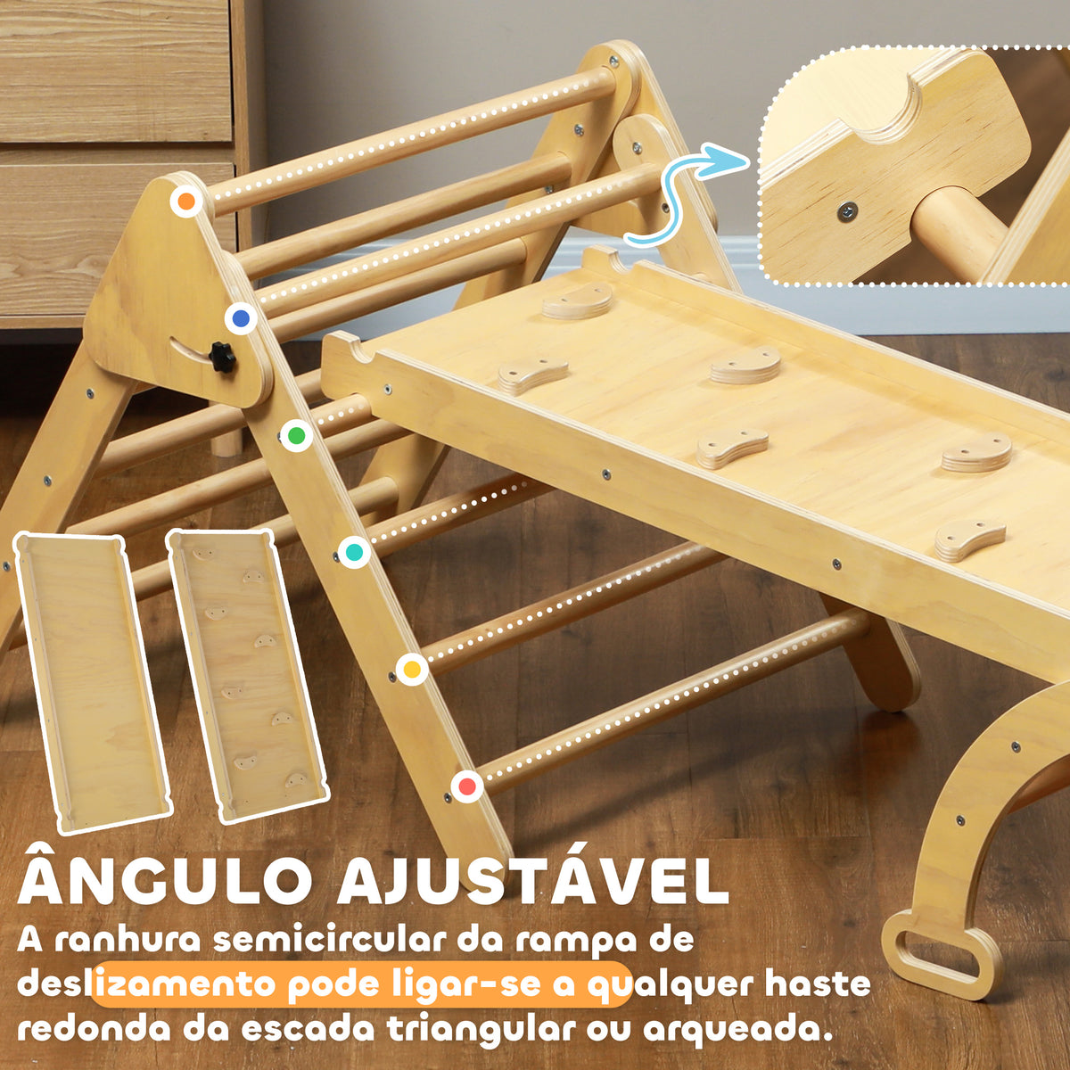 Triângulo de Escalada de Madeira 5 em 1 Escada para Crianças de 18-48 Meses com Rampa e Arco de Escalada para Deslizar ou Escalar 178x64,5x63 cm Madeira — foto 6