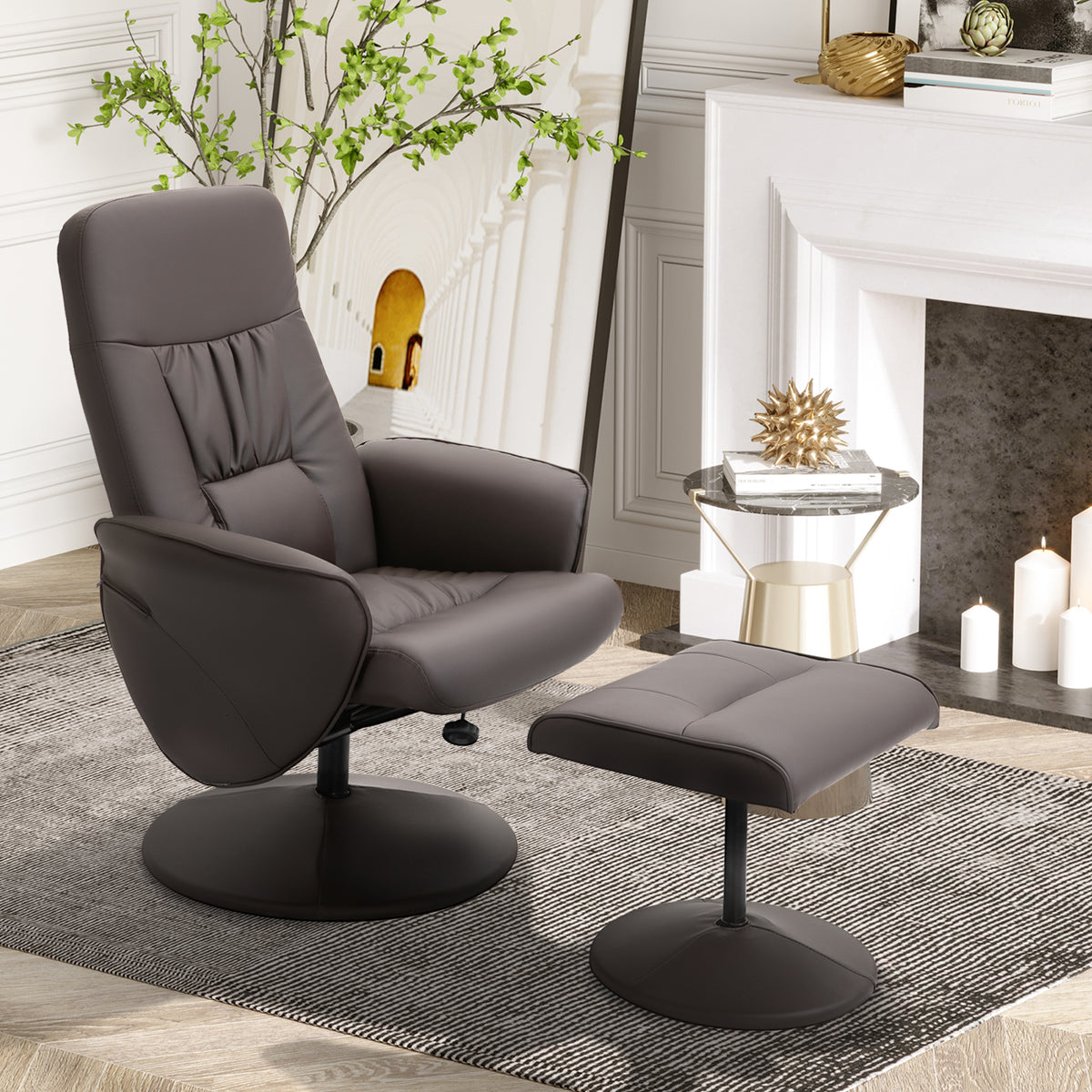 Poltrona Relax com Apoio para os Pés Estofada em PU Poltrona Relax Reclinável até 145° e Giratório 360° com Encosto Ajustável para Sala de Estar Dormitório Escritório 81x81x105cm Marrom — foto 2