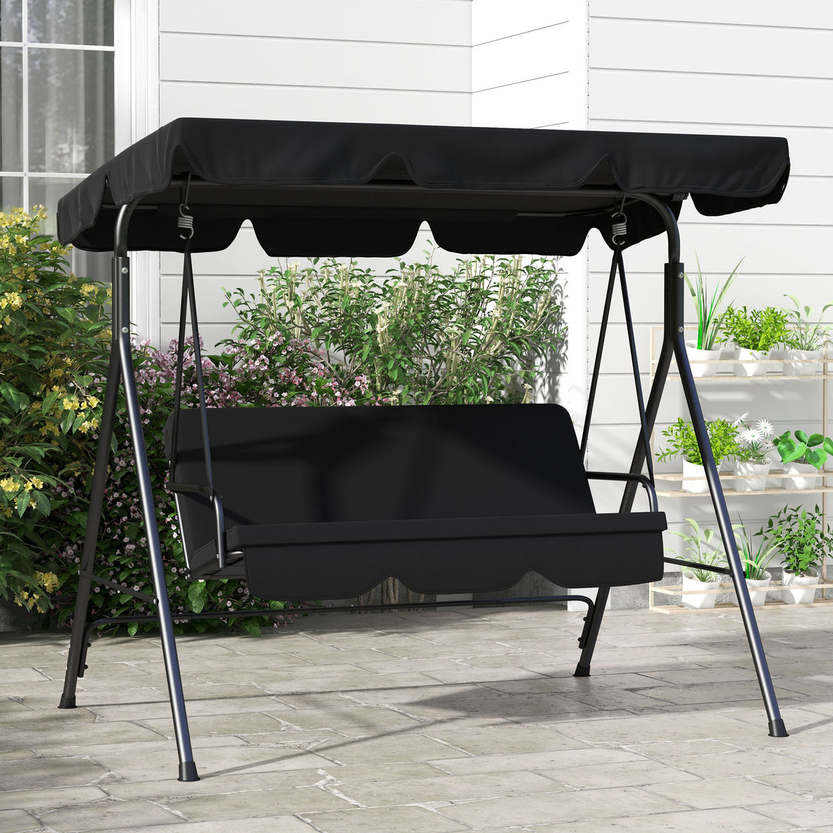 Baloiço de Jardim de 3 Lugares com Almofada Toldo Ajustável e Estrutura de Aço para Balcão Terraço Patio Carga Máx. 200 kg 172x110x153 cm Preto — foto 8