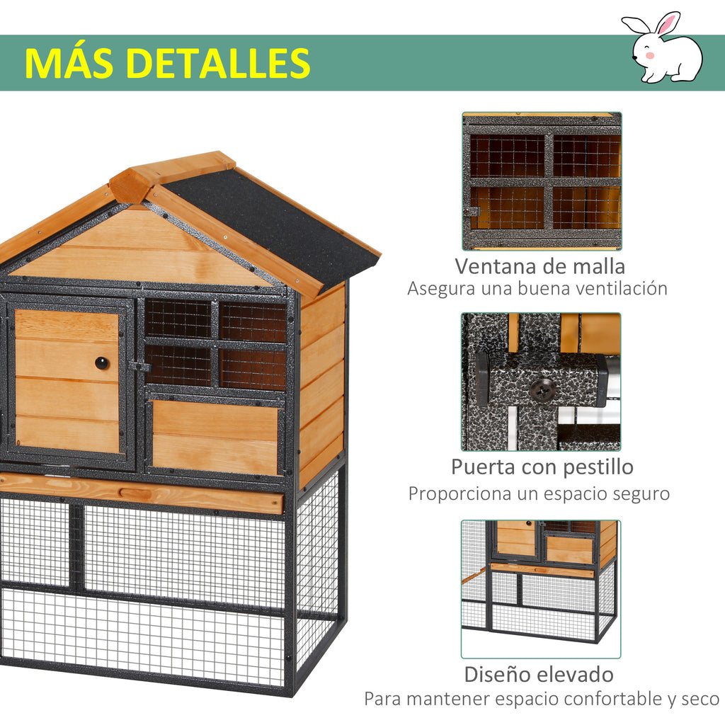 Coelheira Gaiola externa para pequenos animais de estimação 2 níveis com bandeja removível de madeira e rampa de metal 122x63x92 cm para coelhos cobaios de madeira e cinza — foto 6