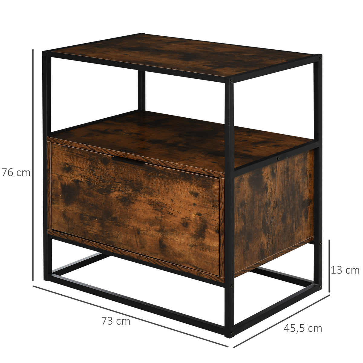 Mesa de console estilo industrial com gaveta grande e prateleira aberta Superfície espaçosa estrutura de metal 73x 45,5x 76cm Rústico Castanho — foto 3