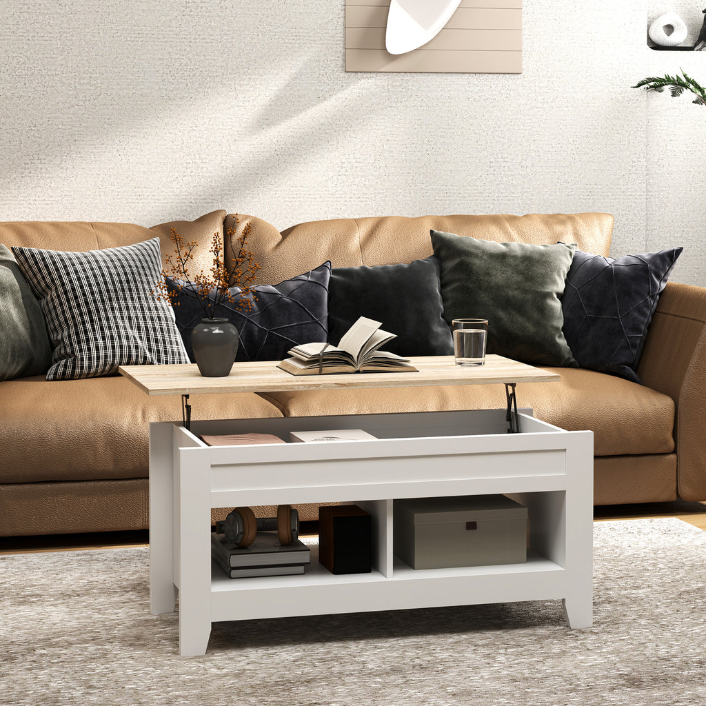 Mesa de Centro com Bancada Elevável Mesa de Centro com 2 Compartimentos Abertos Bancada de Madeira Mesa Retangular para Sala de Estar 105x50x49 cm Branco e Madeira — foto 2