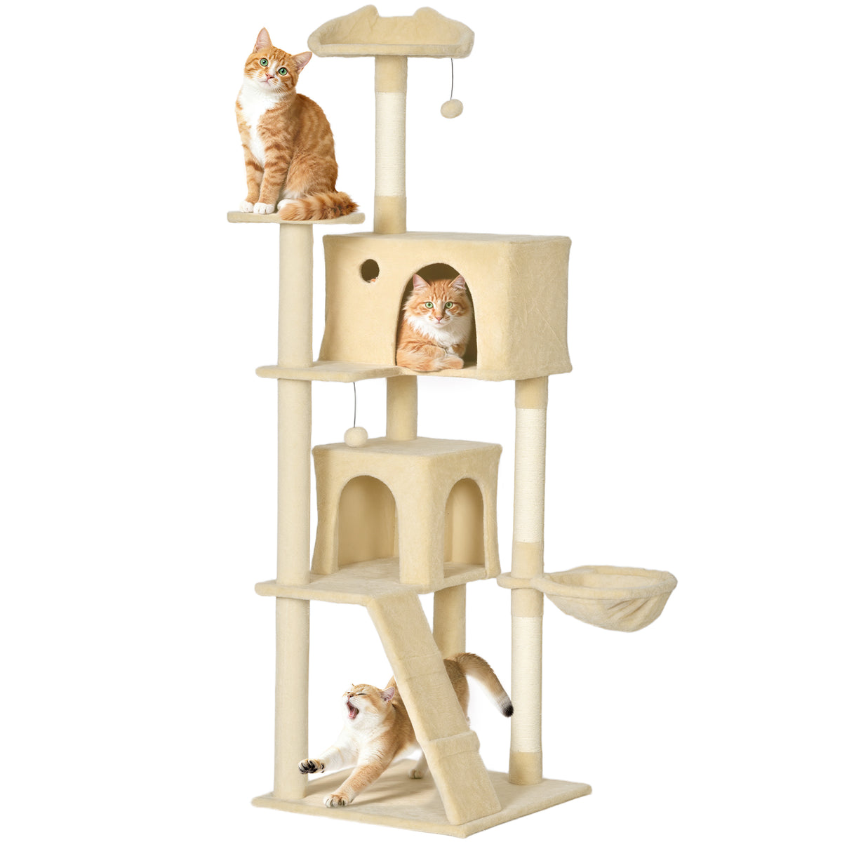 Arranhador para Gatos 180 cm Torre de Escalada com Múltiplas Plataformas Cama 2 Cavernas Rede Escada Postes de Sisal Bolas para Brincar Bege — foto 1
