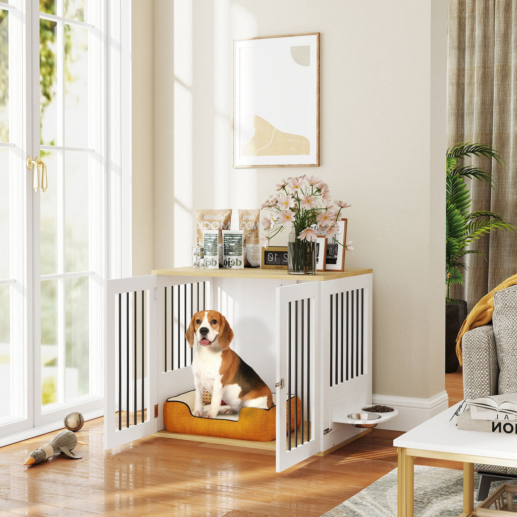 Gaiola para Cães Médios 2 em 1 Mesa Auxiliar com 2 Portas com Trava Comedouro Giratório de 360° 2 Tigelas e Almofadas Antiderrapantes 80x55x71,5 cm Branco — foto 2
