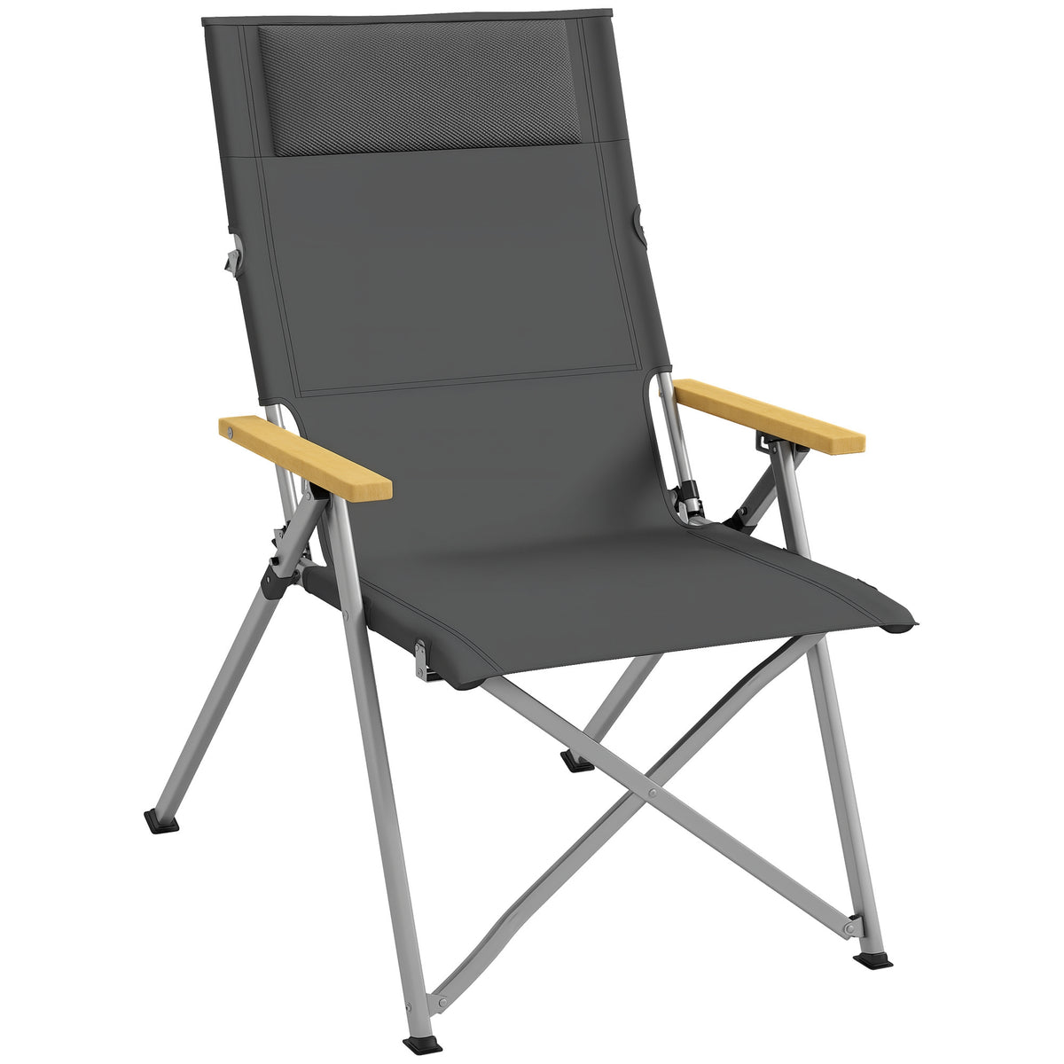 Cadeira de Campismo Dobrável de Alumínio com Encosto Ajustável e Apoios de Braço de Madeira Cadeira de Jardim Portátil com Bolsa de Transporte para Piscina Praia 74x59,5x98 cm Cinza — foto 1