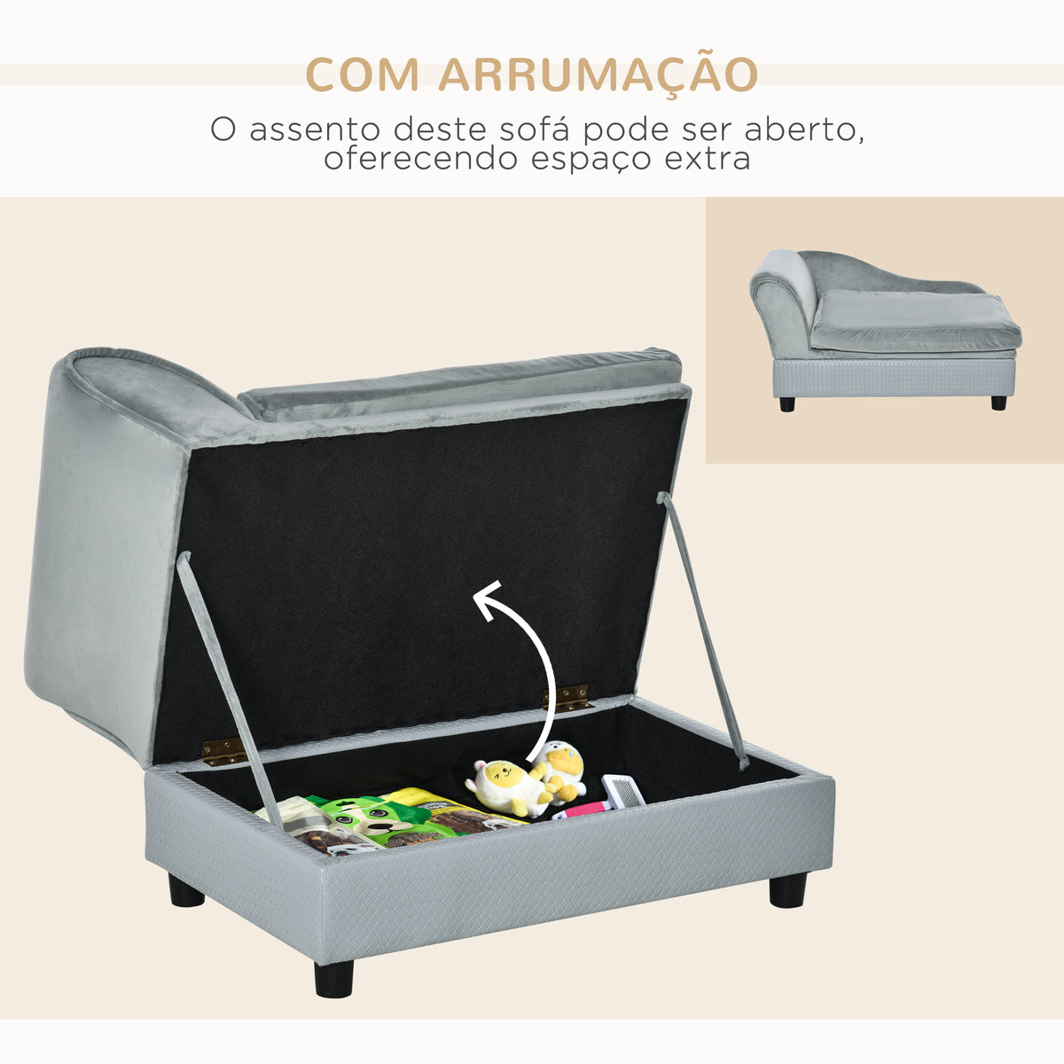 Sofá para Cães Pequenos Sofá para Gatos Estofado em Veludo com Arrumação Oculta e Almofada Lavável Carga 10 kg 76x45x43 cm Cinzento Claro — foto 5