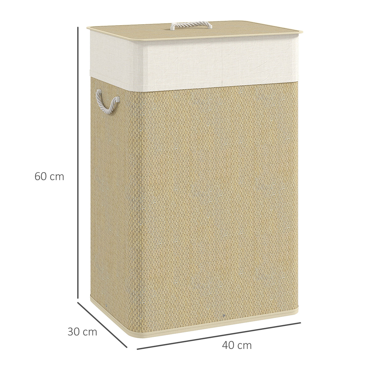 Cesto de Roupa com Tampa 72L Cesto de Roupa de Bambu com Bolsa Interior Removível e Alças para Lavandaria Dormitório 40x30x60 cm Bege e Creme — foto 3