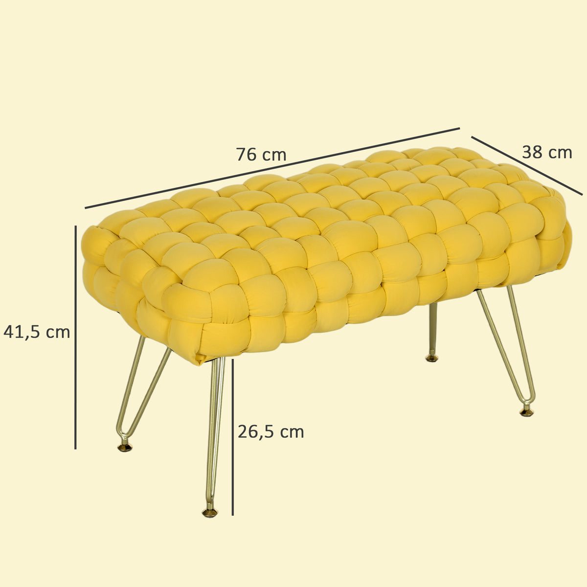 Apoio para os Pés Sala de Estar Apoio para os Pés em Veludo com Pés de Metal e Assento Acolchoado para Dormitório Entrada 76x38x41,5 cm Amarelo — foto 3