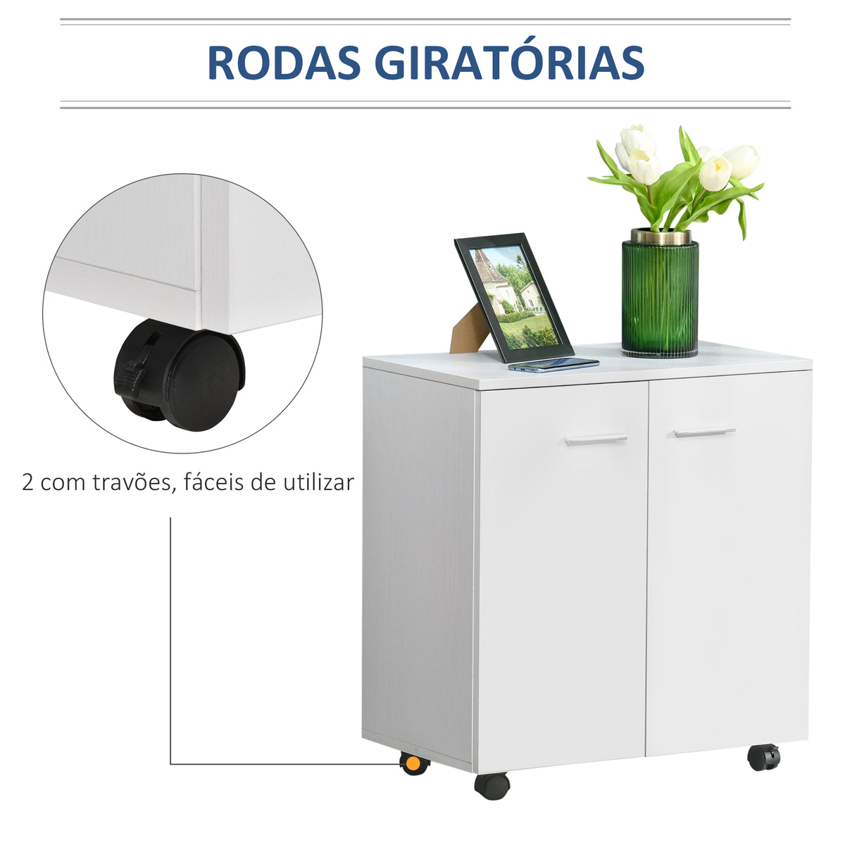 Armário de Armazenamento Moderno Móvel para Armazenamento com Rodas Armário e Prateleiras 60x35x65cm Branco — foto 5