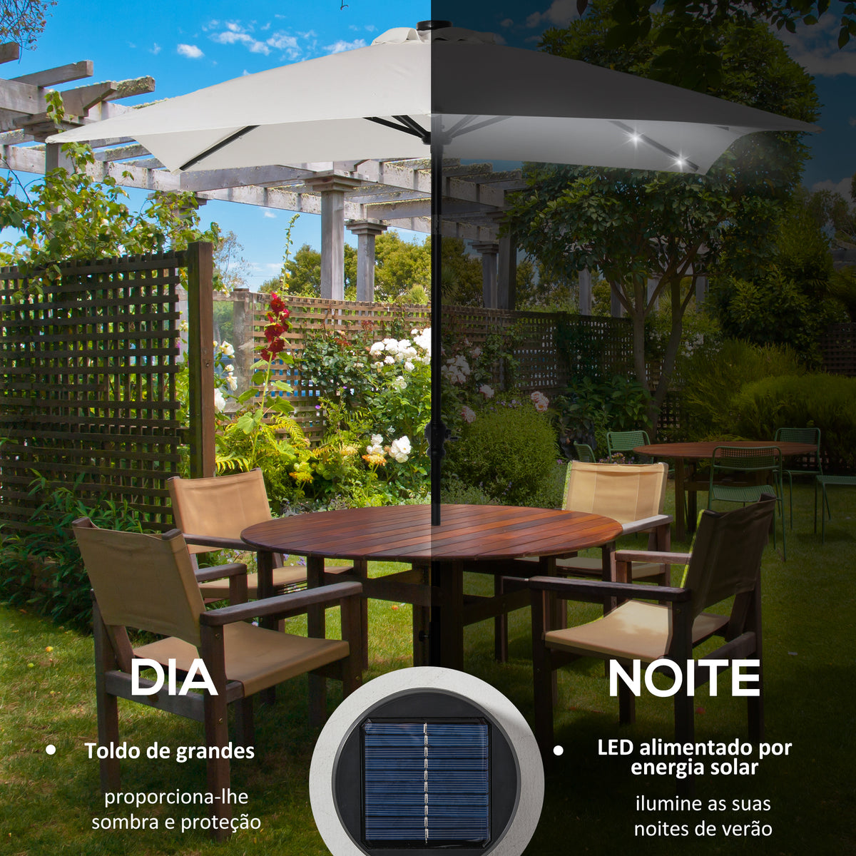 Chapéu de Sol com Luzes LED 268x205x248 cm Chapéu de Sol de Jardim Inclinável até 45° Anti-UV e Abertura a Manivela para Pátio Varanda Creme — foto 4