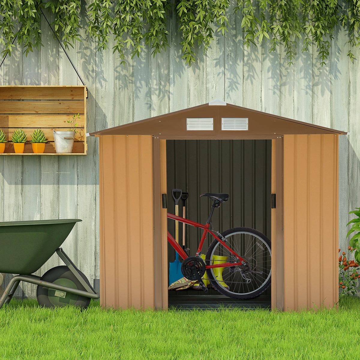 Abrigo de Jardim 213x130x185cm Abrigo de Jardim Metálico de Exterior para Armazenamento de Ferramentas com 2 Portas Deslizantes e 4 Janelas para Terraço Marrom Claro — foto 2