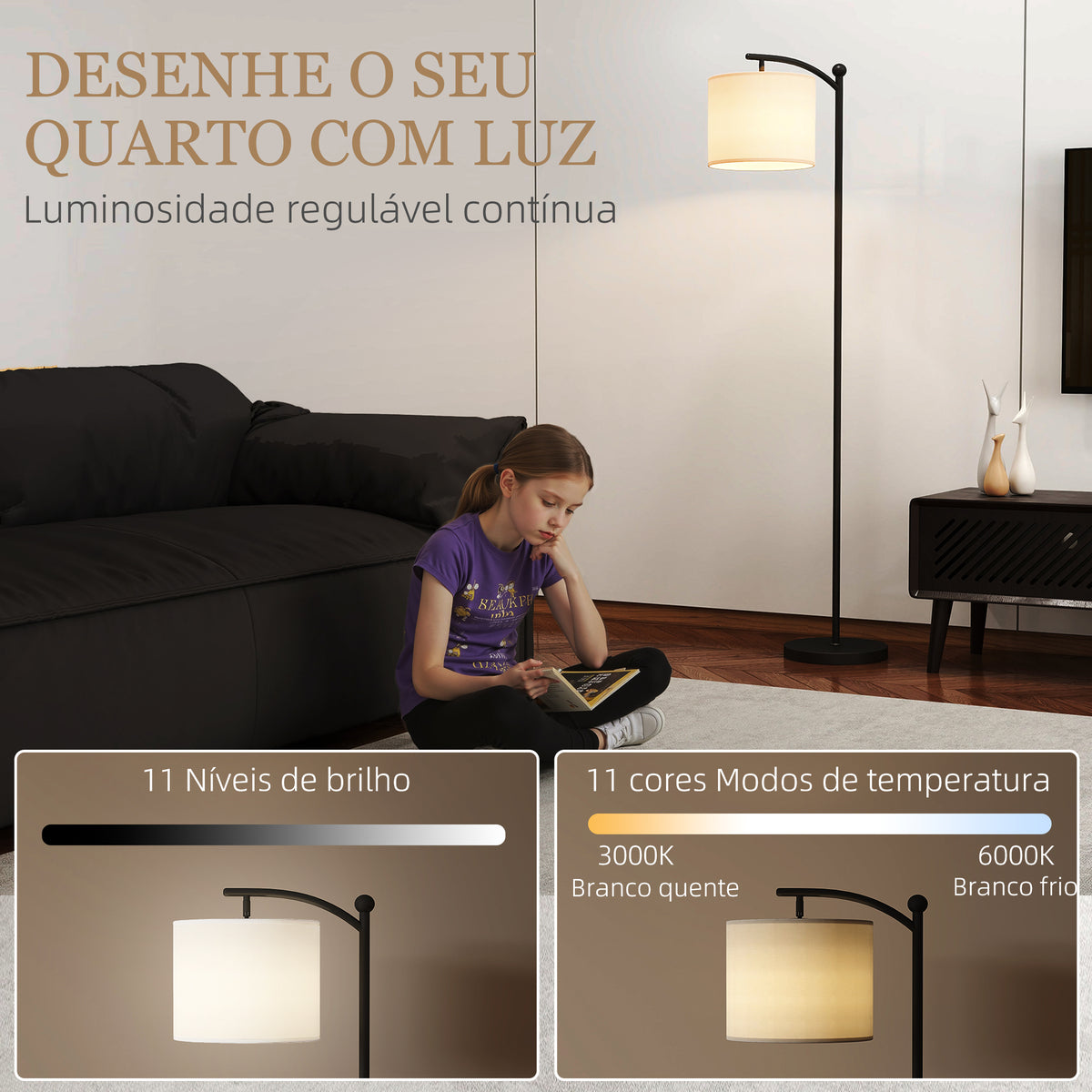 Candeeiro de Pé LED Candeeiro de Pé para Sala com Temperatura de Cor de Ajuste Contínuo 11 Níveis Comando à Distância Temporizador de 60 Minutos 54,3x30,6x159,6 cm Preto — foto 4