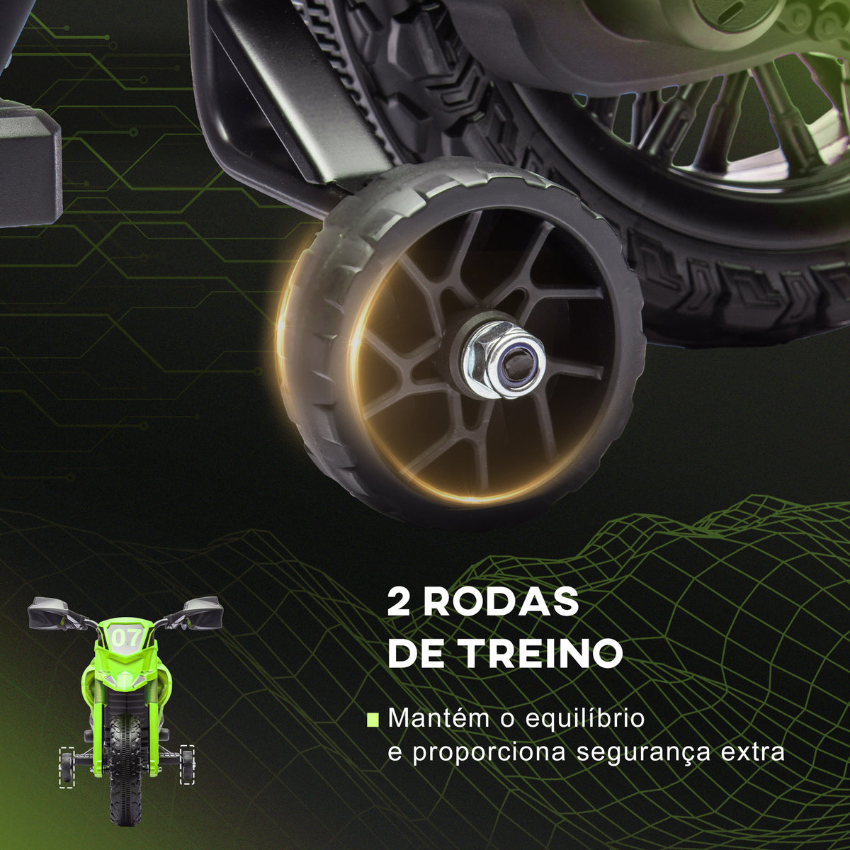 AIYPLAY Mota Elétrica para Crianças acima de 3 Anos Moto a Bateria para Crianças 6V com Rodas de Treino e Buzina Mota para Crianças Carga 30 kg 105x57x62 cm Verde — foto 5