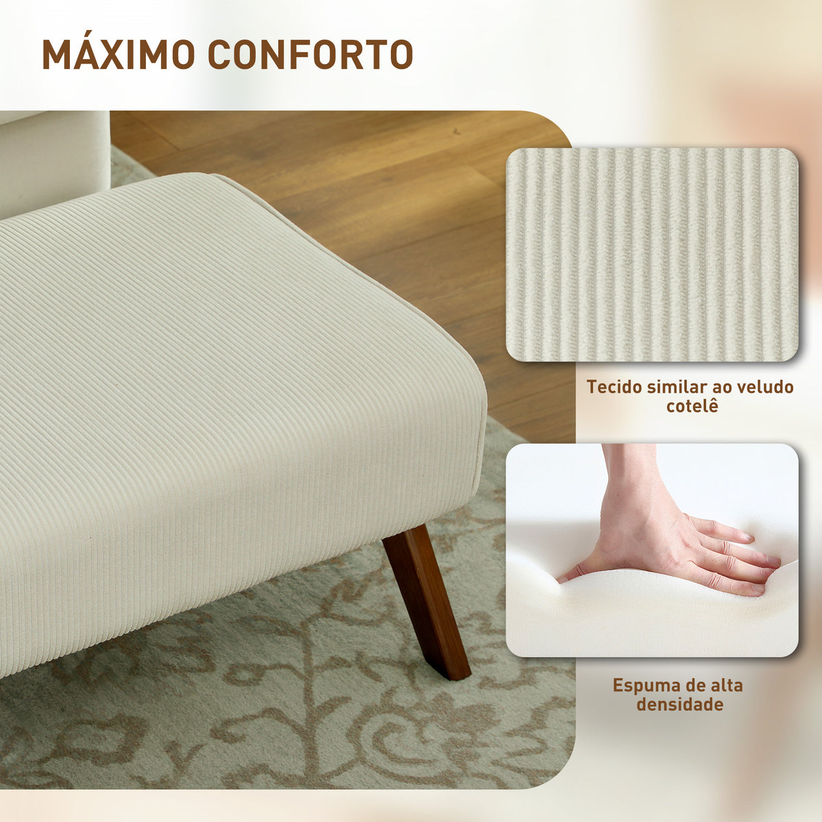 Apoio para Pés para Sala Banco Baixo Estofado em Veludo Otomana Retangular com Assento Almofadado e Pés de Madeira para Sala de Estar Quarto 69x47x36 cm Bege — foto 5